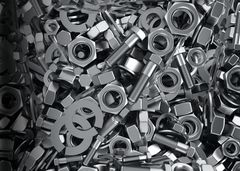 Assortment of fasteners including screws, nails, bolts, nuts, washers, and anchors organized in labeled hardware bins.