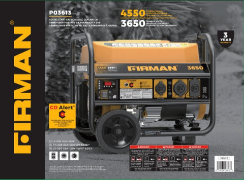 Firman P03613 Portable Generator with CO Alert, 30 A, 120 VAC, 4550/3650 w Gasoline, 5 gal Tank, 14 hr Run Time, Recoil Start