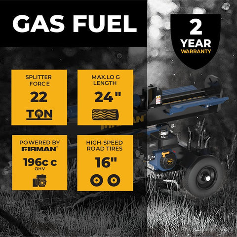 Firman GS2201 Log Splitter, Gasoline, 0.9 gal Fuel Tank, 22 ton Splitting