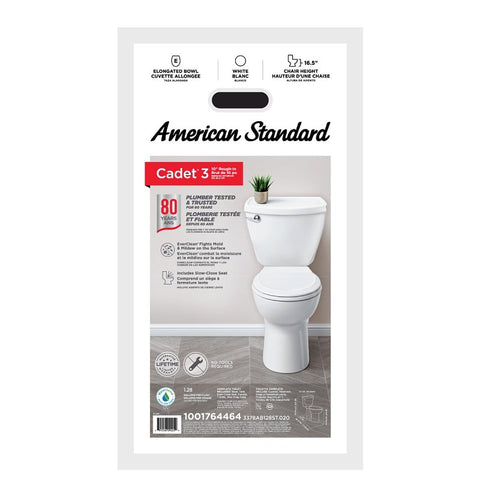 American Standard CADET 3 3378AB128ST020 Rough-In Toilet with Seat, Elongated Bowl, 1.28 gpf Flush, 10 in Rough-In