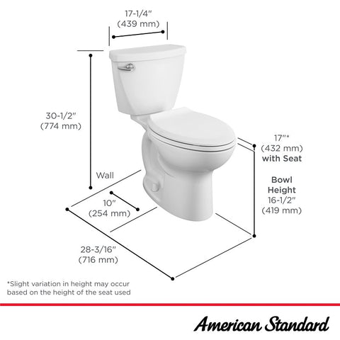 American Standard CADET 3 3378AB128ST020 Rough-In Toilet with Seat, Elongated Bowl, 1.28 gpf Flush, 10 in Rough-In