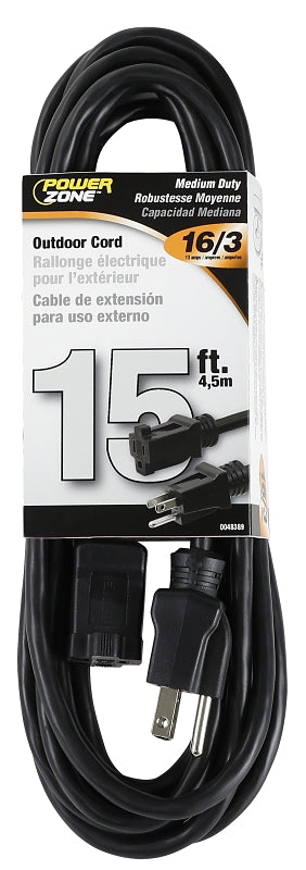 PowerZone OR502615 Extension Cord, 16/3 AWG Cable, 15 ft L, 13 A, Black