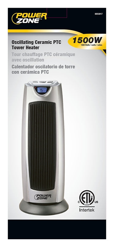 PowerZone KPT-2000BN Ceramic Tower Heater, 12.5 A, 120 V, 750/1500 W, 2-Heat Setting, Grey