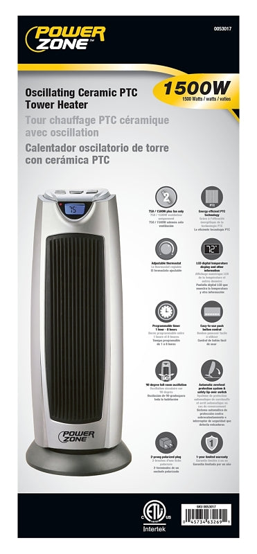 PowerZone KPT-2000BN Ceramic Tower Heater, 12.5 A, 120 V, 750/1500 W, 2-Heat Setting, Grey