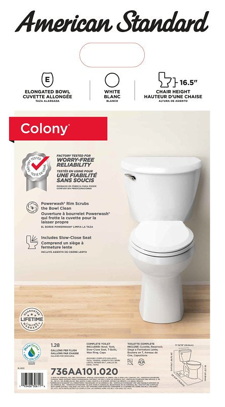 American Standard 736AA101.020 Complete Toilet, Elongated Bowl, 1.28 gpf Flush, 12 in Rough-In, 16-1/2 in H Rim, White
