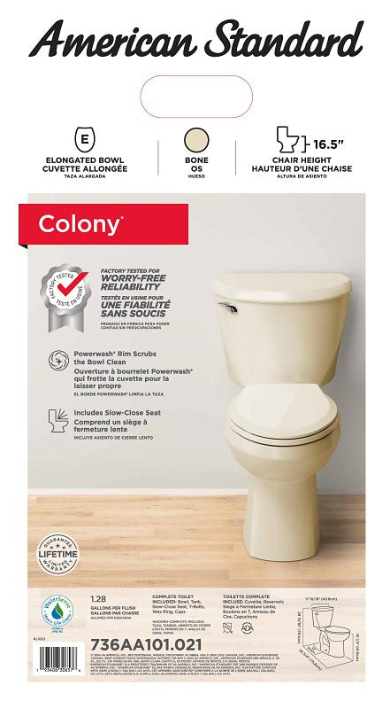 American Standard 736AA101.021 Complete Toilet, Elongated Bowl, 1.28 gpf Flush, 12 in Rough-In, 16-1/2 in H Rim, Bone