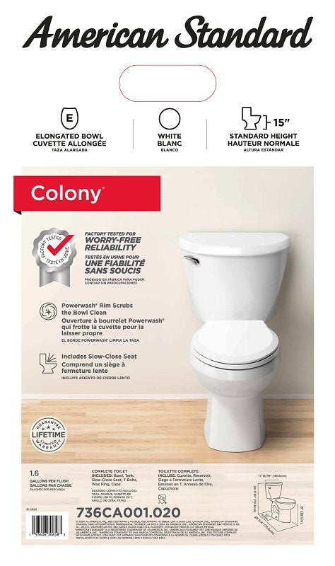 American Standard 736CA001.020 Complete Toilet, Elongated Bowl, 1.6 gpf Flush, 12 in Rough-In, 15 in H Rim, White, Floor