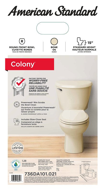 American Standard 736DA101.021 Complete Toilet, Round Front Bowl, 1.28 gpf Flush, 12 in Rough-In, 15 in H Rim, Bone