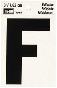Hy-Ko RV-50/F Reflective Letter, 2-1/2 in W x 4 in H Dimensions, Character: F, 3 in H Character, Black Character, Vinyl, Pack of 10