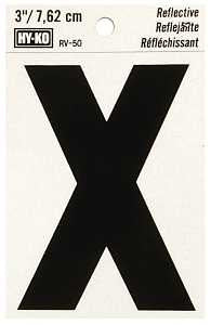 Hy-Ko RV-50/X Reflective Letter, Character: X, 3 in H Character, Black Character, Silver Background, Vinyl, Pack of 10