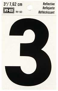 Hy-Ko RV-50/3 Reflective Sign, Character: 3, 3 in H Character, Black Character, Silver Background, Vinyl, Pack of 10