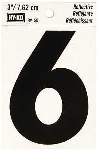 Hy-Ko RV-50/6 Reflective Sign, Character: 6, 3 in H Character, Black Character, Silver Background, Vinyl, Pack of 10