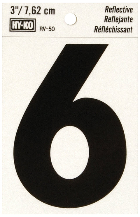 Hy-Ko RV-50/6 Reflective Sign, Character: 6, 3 in H Character, Black Character, Silver Background, Vinyl, Pack of 10