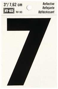 Hy-Ko RV-50/7 Reflective Sign, Character: 7, 3 in H Character, Black Character, Silver Background, Vinyl, Pack of 10
