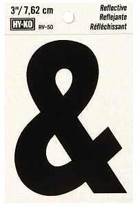 Hy-Ko RV-50/& Reflective Sign, Character: &, 3 in H Character, Black Character, Silver Background, Vinyl, Pack of 10