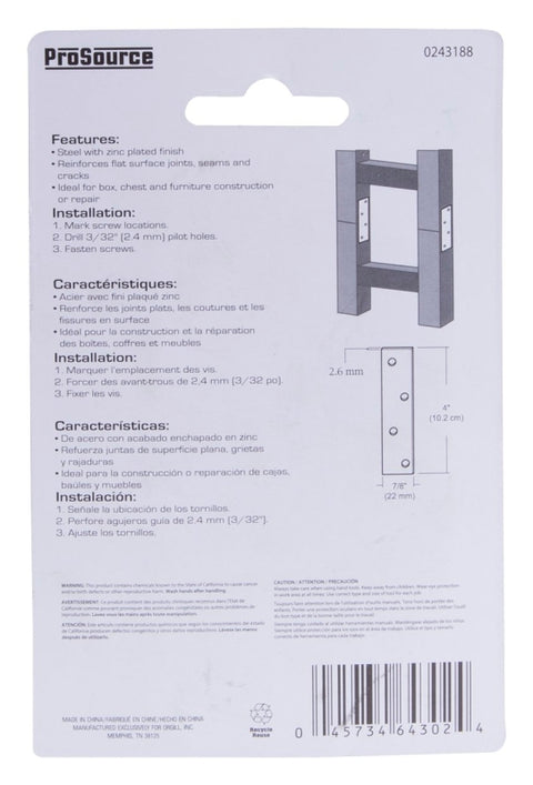 ProSource MP-Z04-C4PS Mending Plate, 4 in L, 7/8 in W, Steel, Screw Mounting