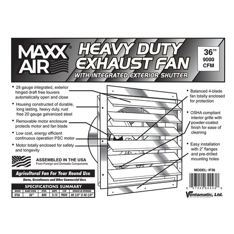MaxxAir IF36 Exhaust Fan, 9000 cfm Air, Steel, Mill