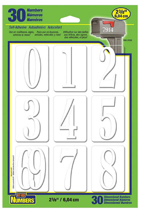 Hy-Ko MM200W Number, Character: 0 to 9, 2-3/8 in H Character, White Character