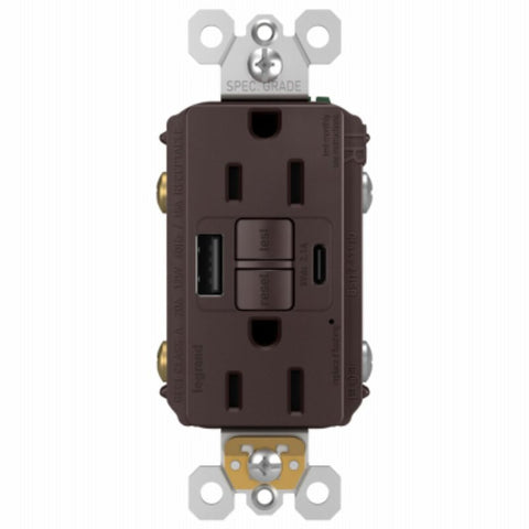 Legrand radiant 1597TRUSBACDBC4 Self-Test GFCI USB Outlet, 2-Pole, 15/2.1 A, 125 VAC, 1-Gang, 2-USB Port