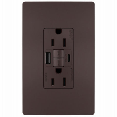 Legrand radiant 1597TRUSBACDBC4 Self-Test GFCI USB Outlet, 2-Pole, 15/2.1 A, 125 VAC, 1-Gang, 2-USB Port