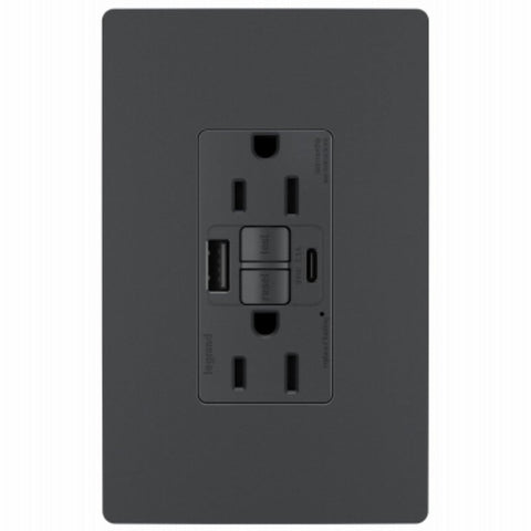 Legrand radiant 1597TRUSBACGC4 Self-Test GFCI USB Outlet, 2-Pole, 15/2.1 A, 125 VAC, 1-Gang, 2-USB Port, Graphite