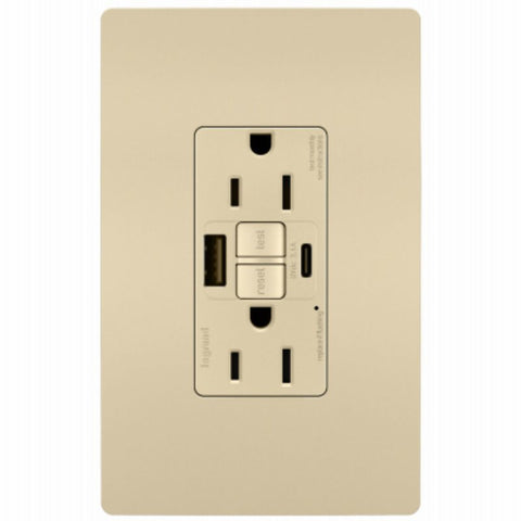 Legrand radiant 1597TRUSBACI Self-Test GFCI USB Outlet, 2-Pole, 15/2.1 A, 125 VAC, 1-Gang, 2-USB Port, Type A/A USB