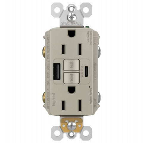 Legrand radiant 1597TRUSBACNIC4 GFCI Receptacle, 15 A, 125 V, 1-Gang, 2-USB Port, USB-A, USB-C USB, Nickel