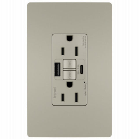 Legrand radiant 1597TRUSBACNIC4 GFCI Receptacle, 15 A, 125 V, 1-Gang, 2-USB Port, USB-A, USB-C USB, Nickel
