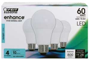 Feit Electric OM60/950CA10K/4 LED Bulb, General Purpose, 800 Lumens, 10.6 W, A19 Lamp, 60 W Equivalent, E26 Lamp Base