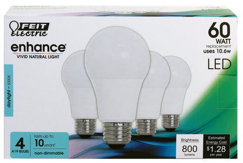 Feit Electric OM60/950CA10K/4 LED Bulb, General Purpose, 800 Lumens, 10.6 W, A19 Lamp, 60 W Equivalent, E26 Lamp Base