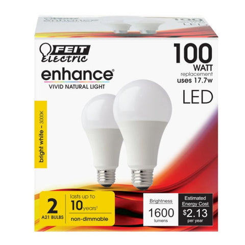 Feit Electric OM100/930CA10K/2 LED Bulb, General-Purpose, A21 Lamp, 100 W Equivalent, E26 Lamp Base, Bright White Light