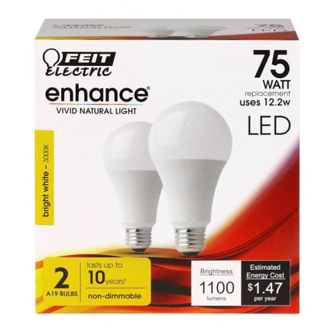 Feit Electric OM75/930CA10K/2 LED Bulb, General Purpose, A19 Lamp, 75 W Equivalent, E26 Lamp Base, Bright White Light