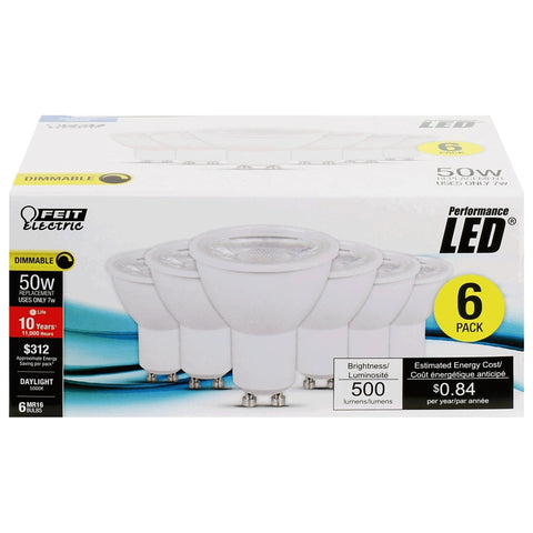Feit Electric MR16GU105005K10KLED6 LED Bulb, Track/Recessed, 500 Lumens, 7 W, MR16 Lamp, 50 W Equivalent, GU10 Lamp Base