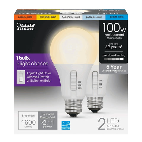 Feit Electric OM100DM/6WYCA/2 LED Bulb, A21 Lamp, 100 W Equivalent, E26 Medium Lamp Base, Dimmable, White