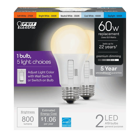 Feit Electric OM60DM/6WYCA/2 LED Bulb, A19 Lamp, 60 W Equivalent, E26 Medium Lamp Base, Dimmable, Adjustable White