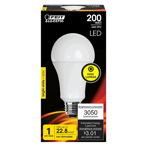 Feit Electric OM200/830/LED LED Bulb, General-Purpose, A21 Lamp, 200 W Equivalent, E26 Medium Lamp Base, Non-Dimmable