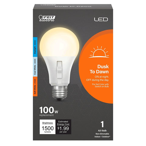 Feit Electric OM100/3CCTCA/DD/LEDI LED Bulb, Color Selectable, Dusk-to-Dawn, A21 Lamp, 100 W Equivalent, Non-Dimmable