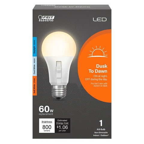 Feit Electric OM60/5CCTCA/DD/LEDI Dusk-to-Dawn Outdoor LED Bulb, Color Selectable, A19 Lamp, E26 Lamp Base, White