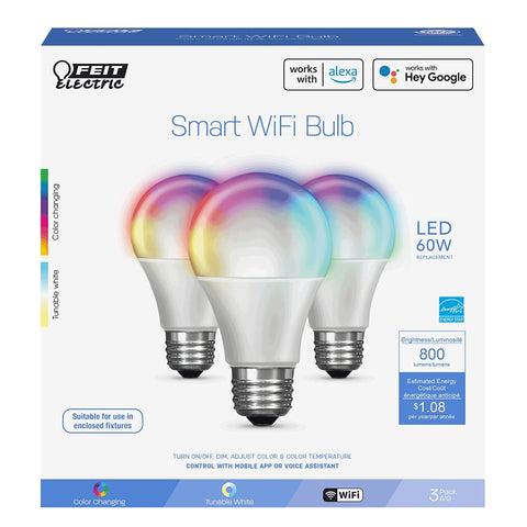 Feit Electric OM60/RGBW/CA/AG Smart Bulb, 9 W, Wi-Fi Connectivity: Yes, Remote, Voice Control, E26 Medium Lamp Base