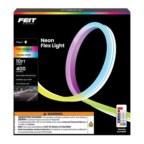 Feit Electric NF10/CHASE Flex Light, 120 V, 15 W, LED Lamp, Neon/Tunable White Light, 400 Lumens, 25,000 hr Average Life
