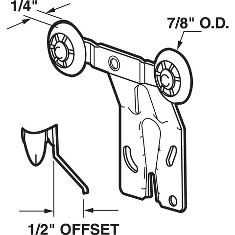 Prime-Line N 6503 Roller Assembly, 7/8 in Dia Roller, 1/4 in W Roller, Nylon, Silver, 2-Roller, 60 lb, Side Mounting