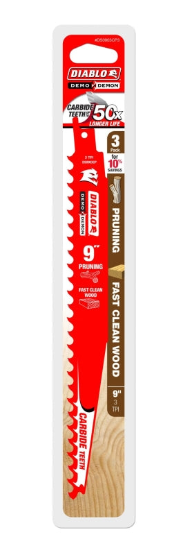 Diablo DS0903CP3 Reciprocating Saw Blade, Applicable Materials: Wood, 9 in L, 3 TPI, Carbide Cutting Edge, 3/PK