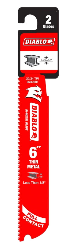 Diablo DS0620BF2 Reciprocating Saw Blade, Applicable Materials: Metal, 6 in L, 20/24 TPI, 2/PK