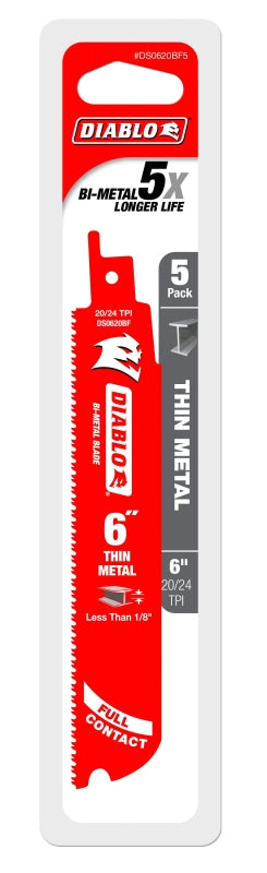 Diablo DS0620BF5 Reciprocating Saw Blade, Applicable Materials: Metal, 6 in L, 20/24 TPI, 5/PK