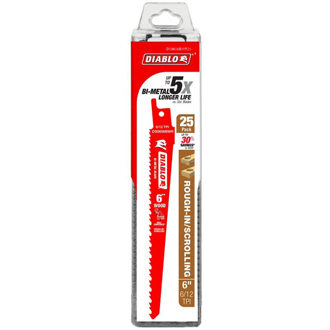 Diablo DS0656BWR25 Reciprocating Saw Blade, 6 in L, 6-1/2 TPI, Bi-Metal Cutting Edge