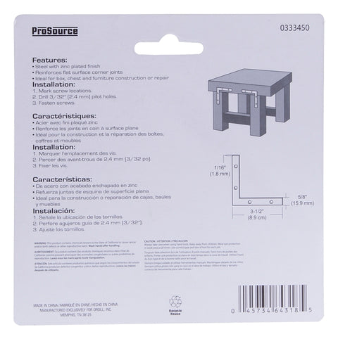 ProSource FC-Z035-C4PS Corner Brace, 3-1/2 in L, 3-1/2 in W, 5/8 in H, Steel, Zinc-Plated, 1.8 mm Thick Material