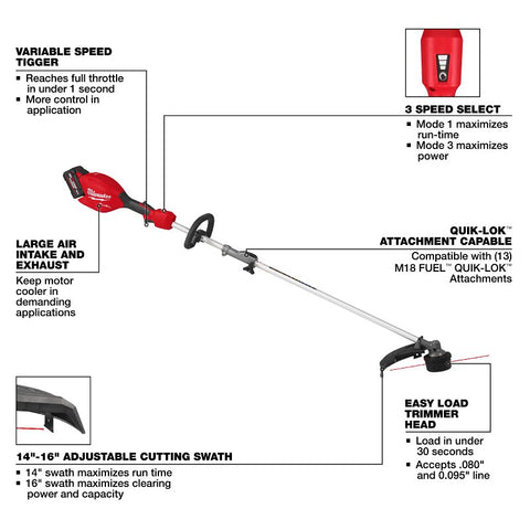 Milwaukee M18 FUEL Gen II, QUIK-LOK Series 3016-21ST Cordless String Trimmer Kit, Battery Included, M18 REDLITHIUM