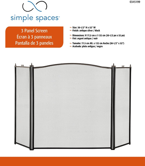 Simple Spaces C31020ASK3L 3-Panel Fireplace Screen, 52 in W, 30-1/2 in H, Steel, Antique Silver/Black