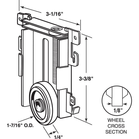 Prime-Line N 6790 Roller Assembly, 1-7/16 in Dia Roller, 1/8 in W Roller, Steel, Silver, 1-Roller, 60 lb