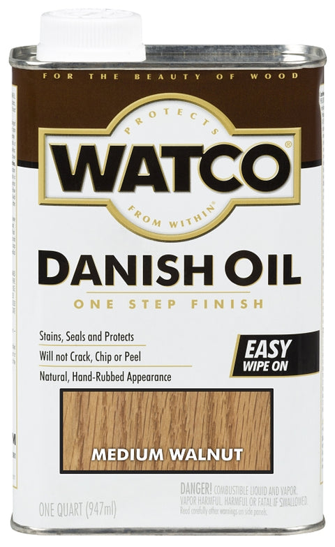WATCO A65941 Danish Oil, 577 to 689 sq-ft/gal Coverage Area, Medium Walnut, Liquid, 1 qt Can